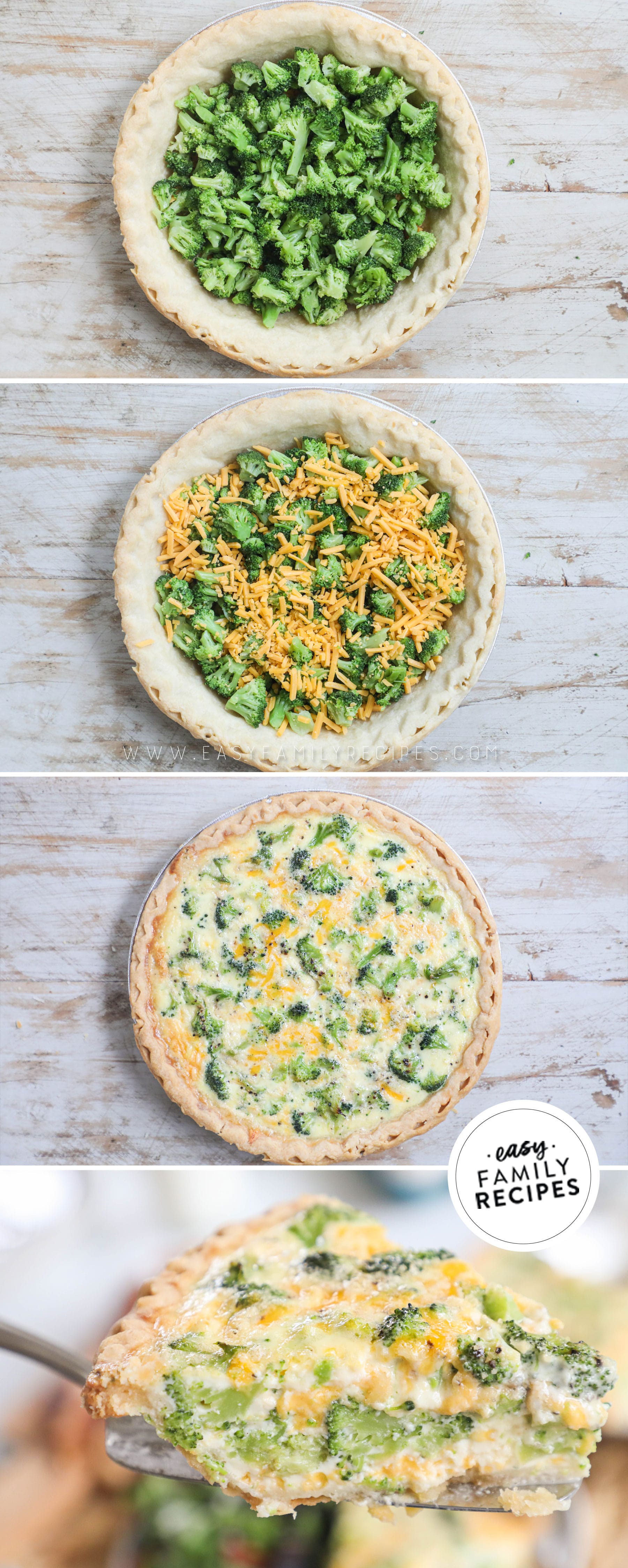 Step by step how to make broccoli cheddar quiche with step 1, lay the filling on the bottom of the crust evenly, step 2 pour the egg mixture over it, step 3 bake it , step 4 let it rest.