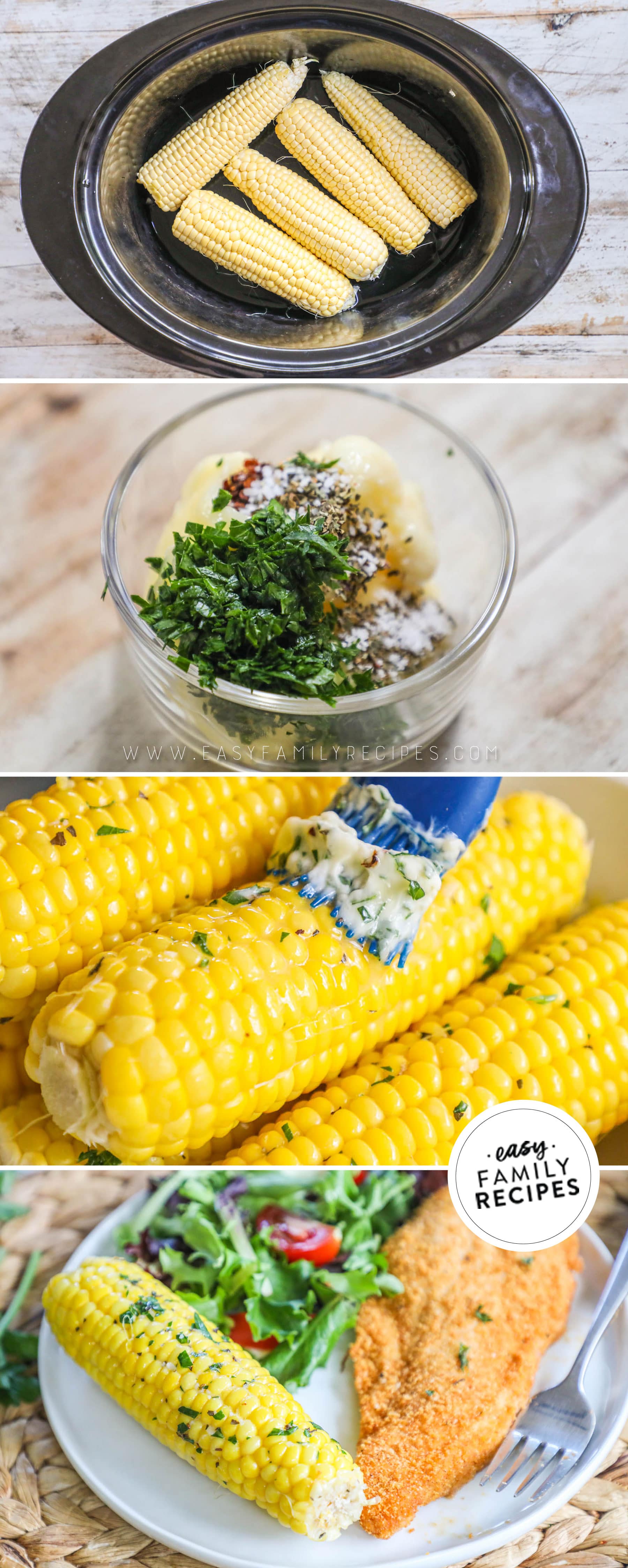 4 image collage of corn cobs in crock pot, garlic herb butter ingredients, and then the butter being brushed on, and then the corn on a plate served with a salad and fish.
