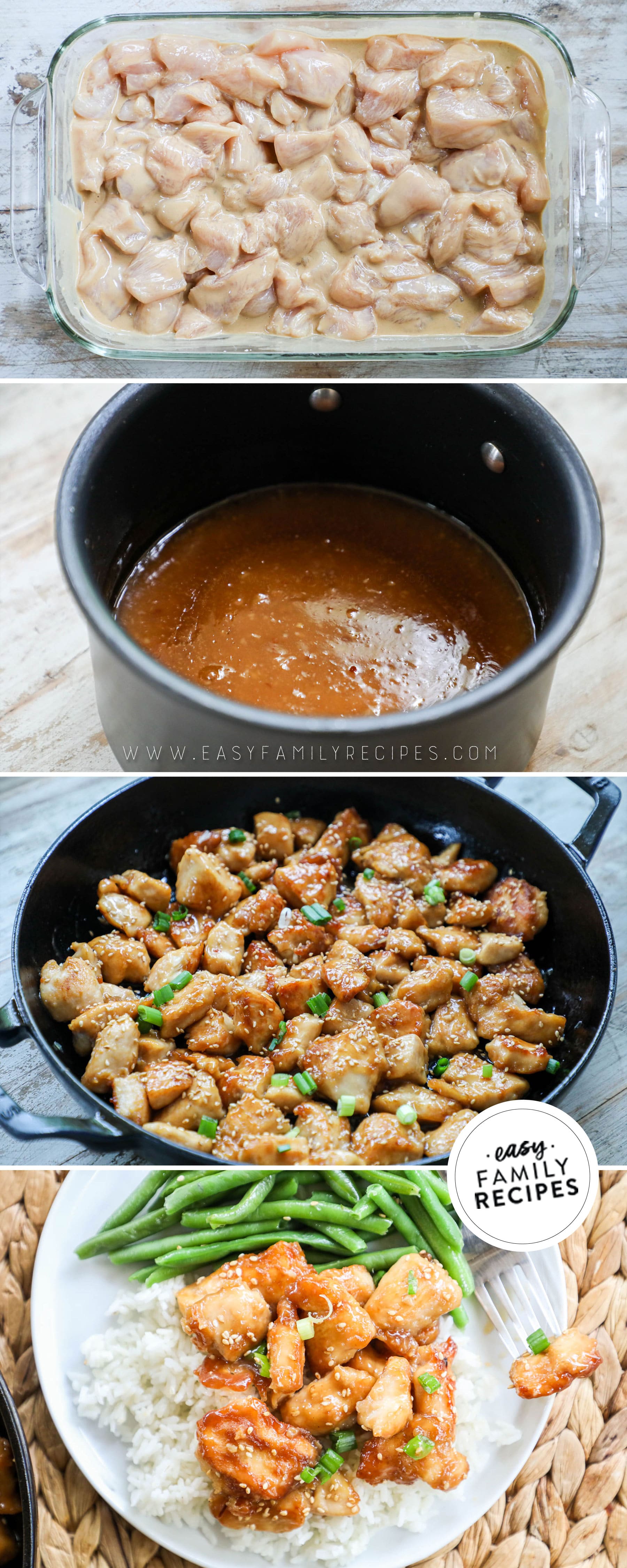 How to make honey sesame chicken 1)dice chicken into marinade 2)cook honey sesame sauce 3)Cook chicken 3)sauce and serve