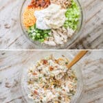 Step by step photos to make chicken salad. step 1 add everything to a large bowl step 2 top with sour cream and mayo step 3 mix well to coat everything step 4 enjoy!