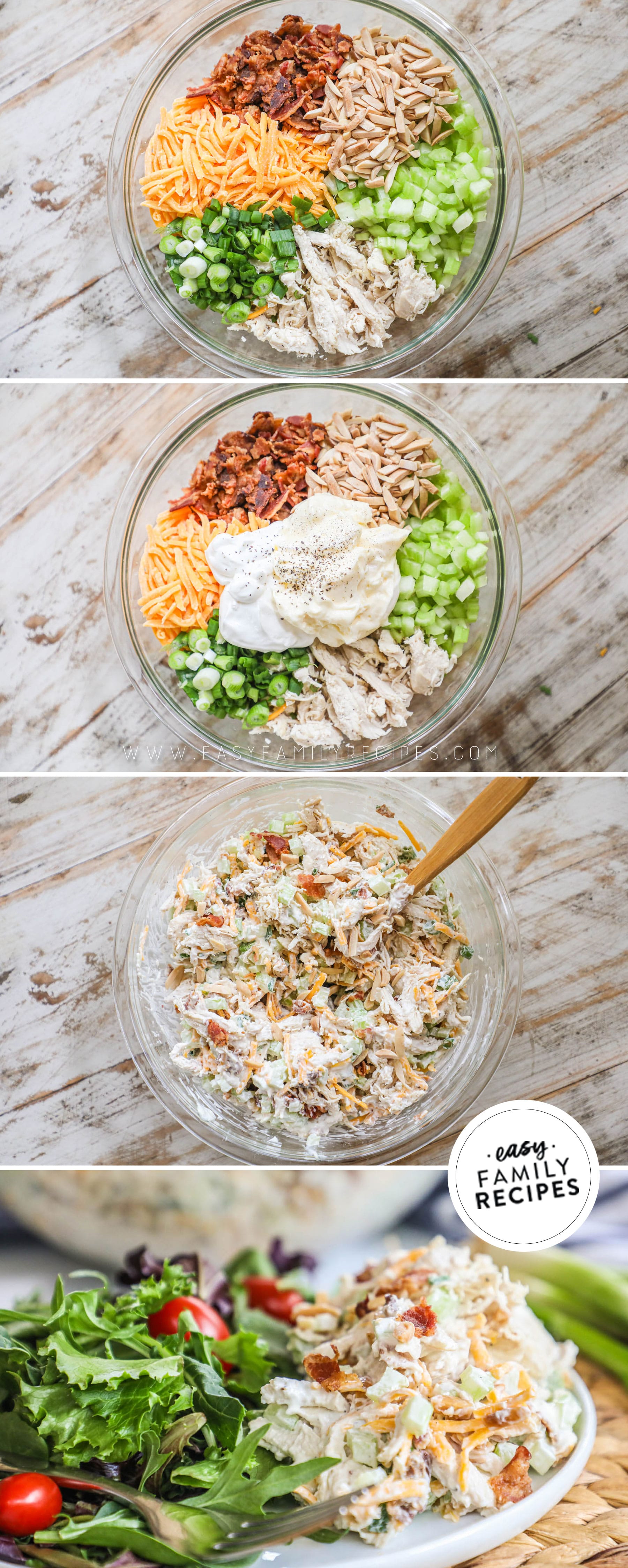Step by step photos to make chicken salad. step 1 add everything to a large bowl step 2 top with sour cream and mayo step 3 mix well to coat everything step 4 enjoy!