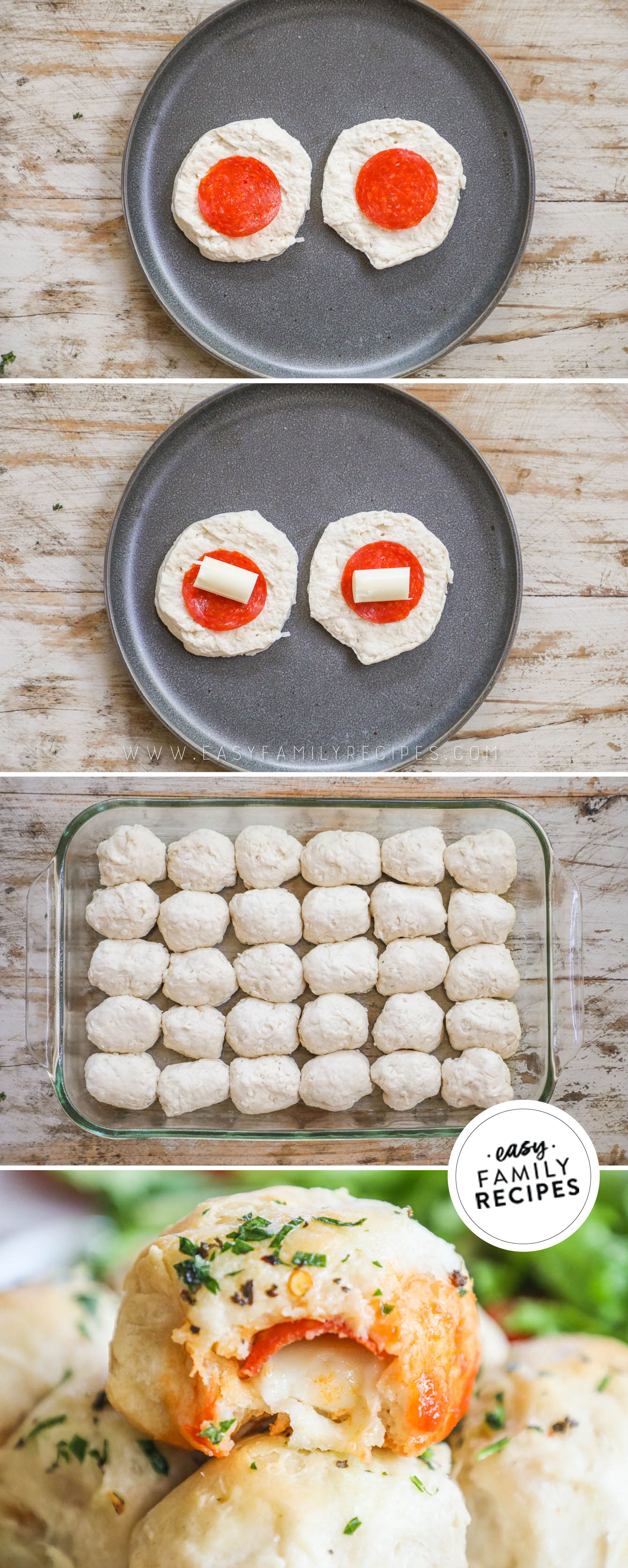 4 image collage showing how to make recipe from filling and rolling the dough with pizza ingredients, placing in baking dish, and the finished recipe.