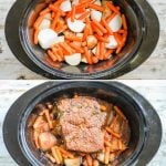 How to cook Southern pot roast 1)rub beef with seasonings 2)place veggies in slow cooker 3)cook beef on top for 6-9 hours 4)serve pot roast with veggies