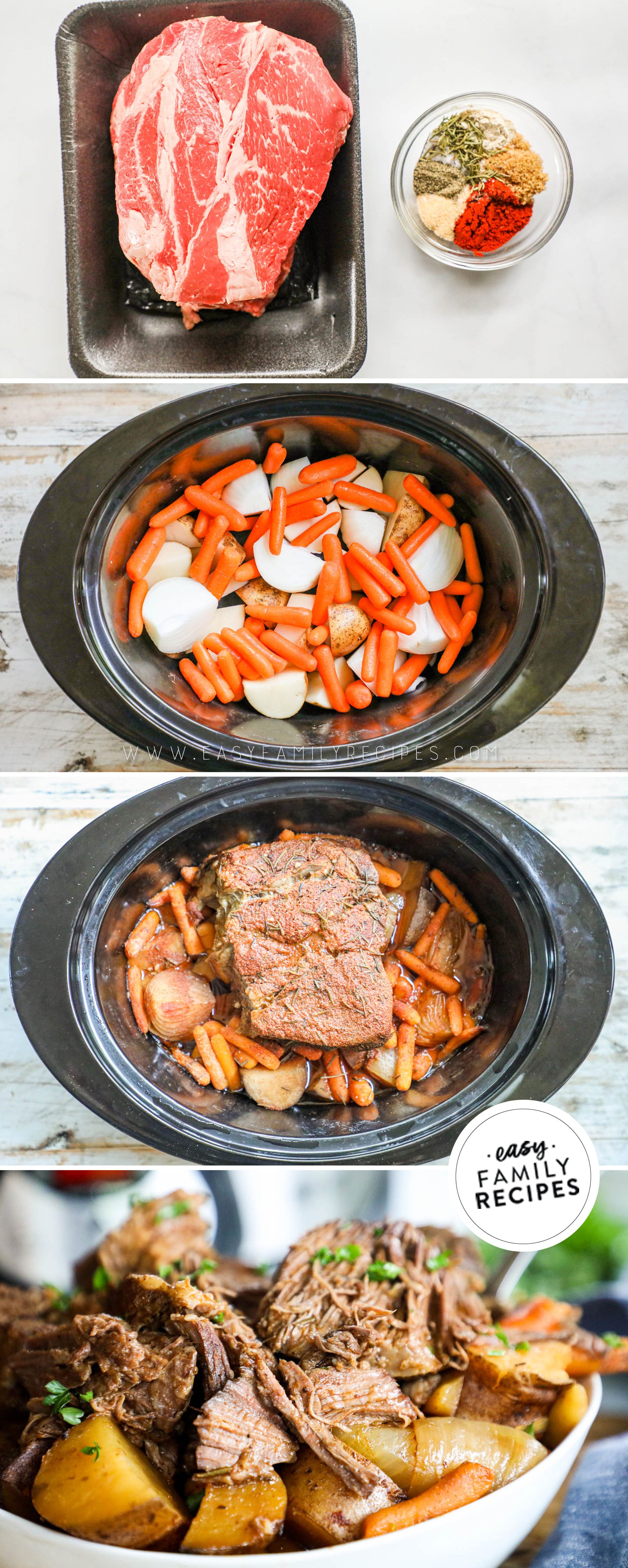 How to cook Southern pot roast 1)rub beef with seasonings 2)place veggies in slow cooker 3)cook beef on top for 6-9 hours 4)serve pot roast with veggies