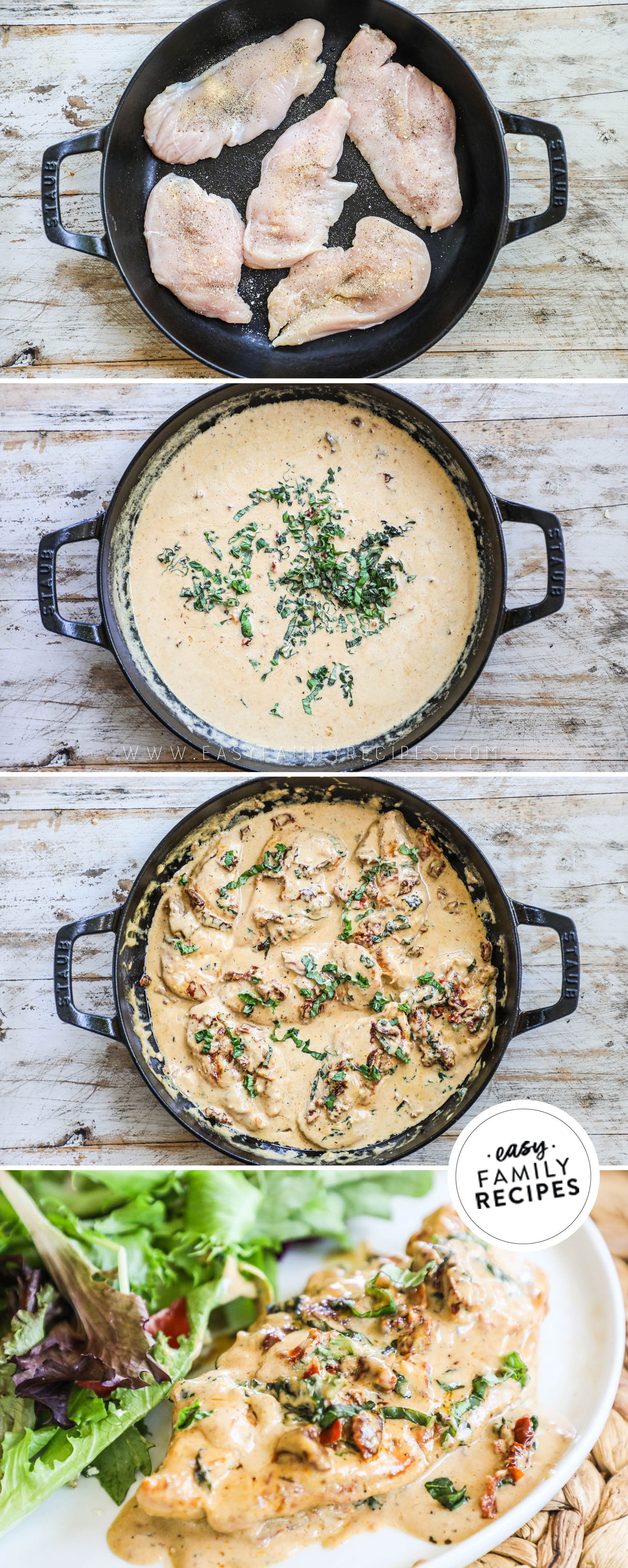 Steps to make sun-dried tomato and basil chicken step 1. cook the chicken in the pan step 2. add the cream sauce ingredients step 3. add the chicken back in and simmer together step 4. enjoy!