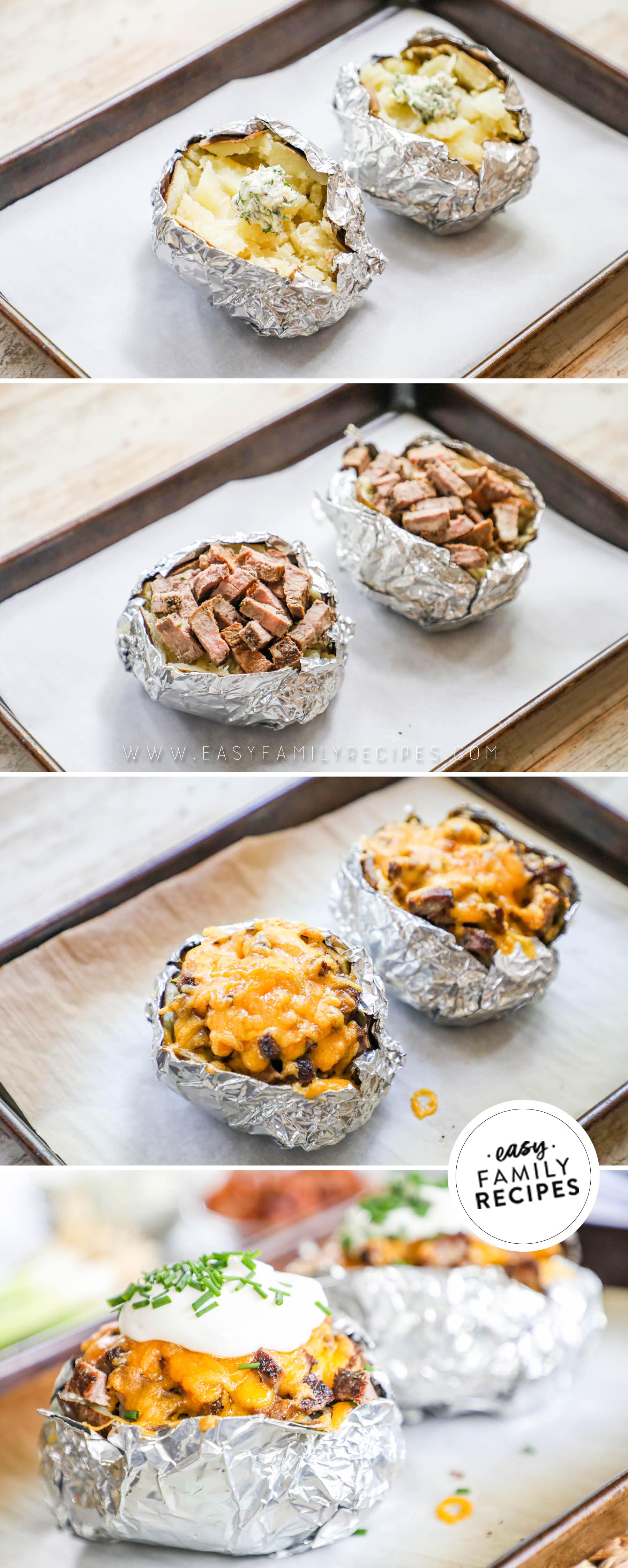 4 image collage showing how to build and bake potato with steak and cheese, topped with sour cream and chives.