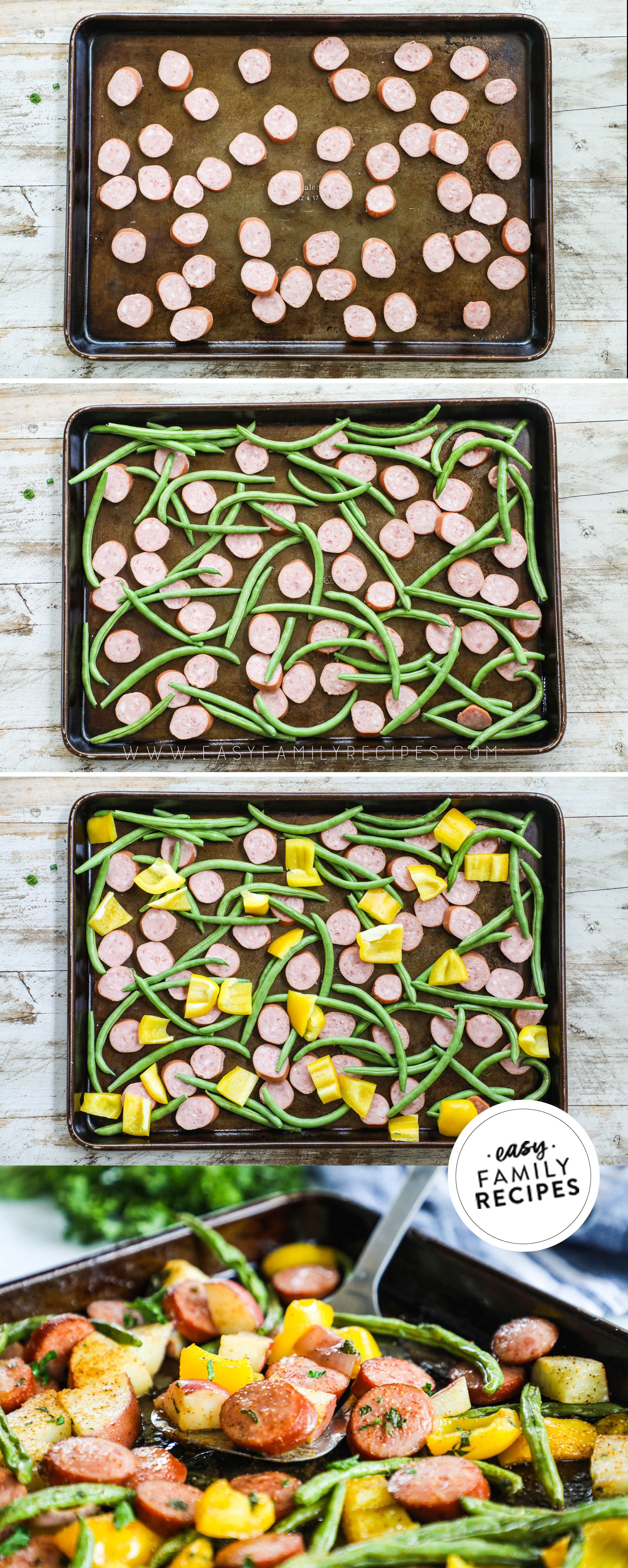 Steps to make cajun sheet pan sausage and veggies step 1. chop sausage and spread out on pan step2. add chopped green beans to pan step 3. add diced potatoes to pan and butter step4. bake and enjoy!