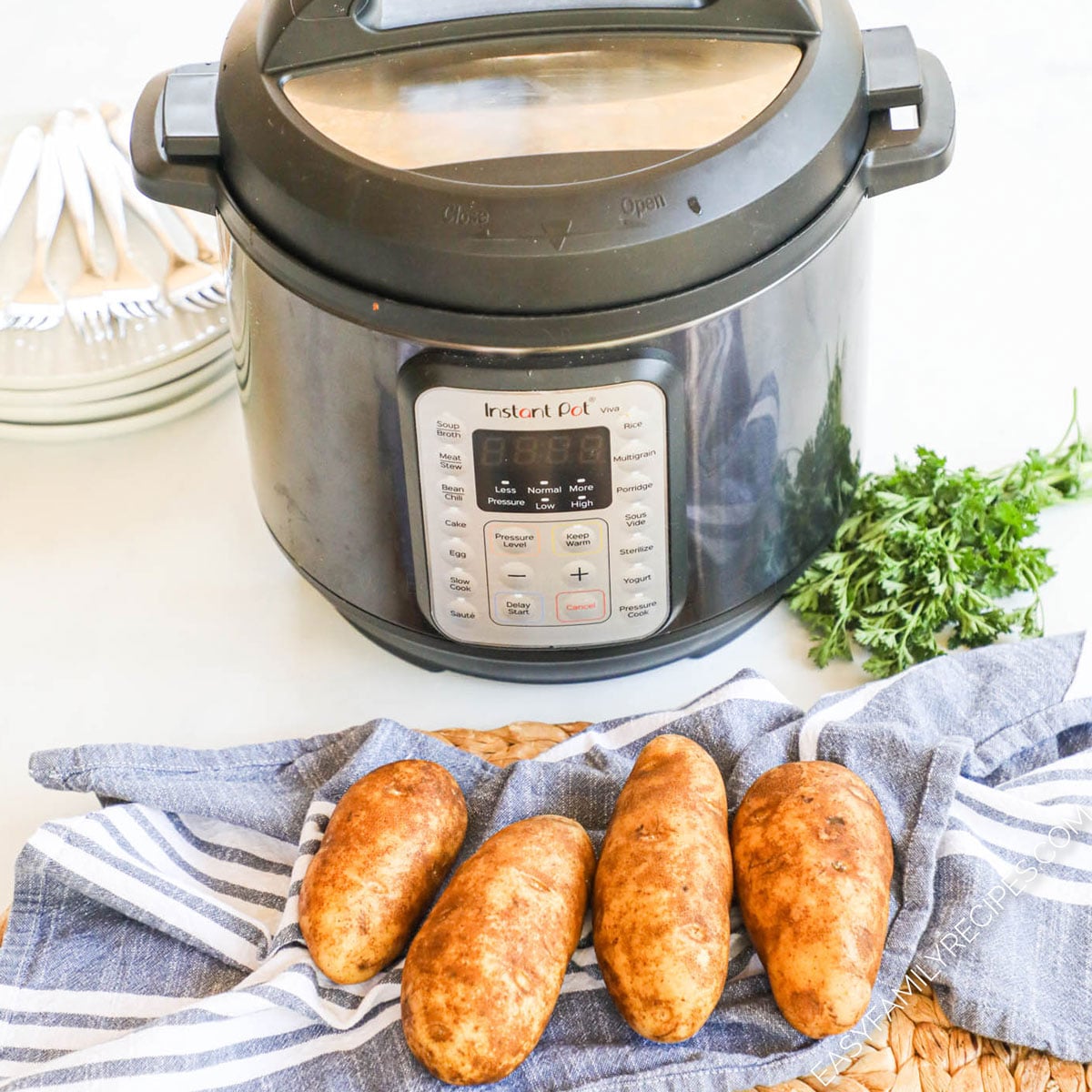 Ingredients to make instant pot baked potatoes including russet potatoes, water, and Instant Pot.