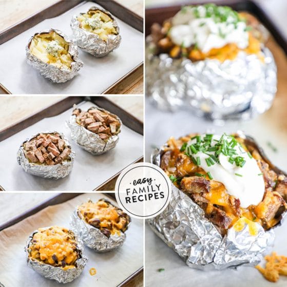 4 image collage showing how to build and bake potato with steak and cheese, topped with sour cream and chives.