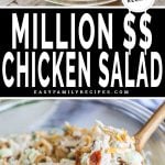 Photo collage with a bowl with all the chicken salad ingredients in it on the top and a close up of the mixed chicken salad being scooped out of a bowl.