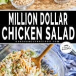 Photo collage with all the chicken salad ingredients on the top and a close up of the mixed chicken salad being scooped out of a bowl.