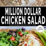 Photo collage with a bowl with all the chicken salad ingredients in it on the top and chicken salad served on a plate