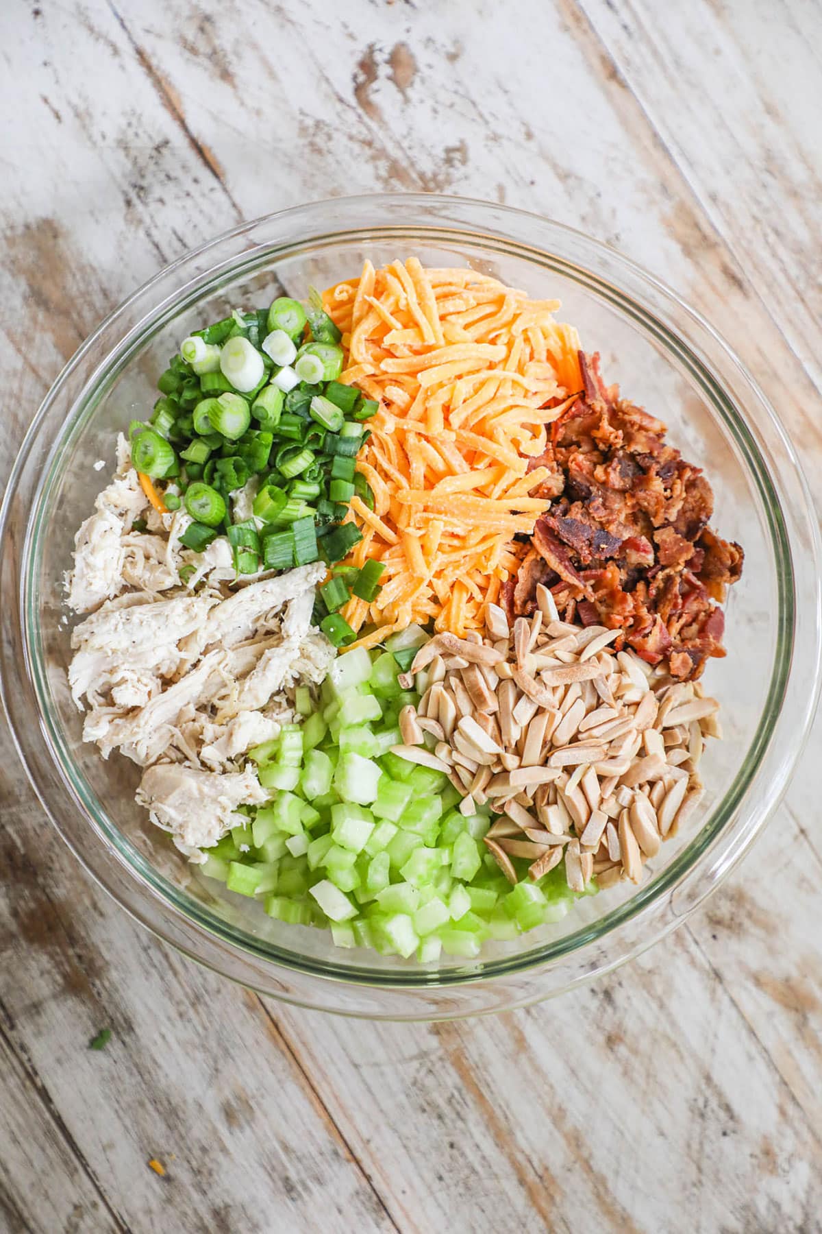 Million dollar chicken salad step 1 - add dry ingredients to bowl