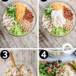 Step by step photos to make chicken salad. step 1 add everything to a large bowl step 2 top with sour cream and mayo step 3 mix well to coat everything step 4 enjoy!