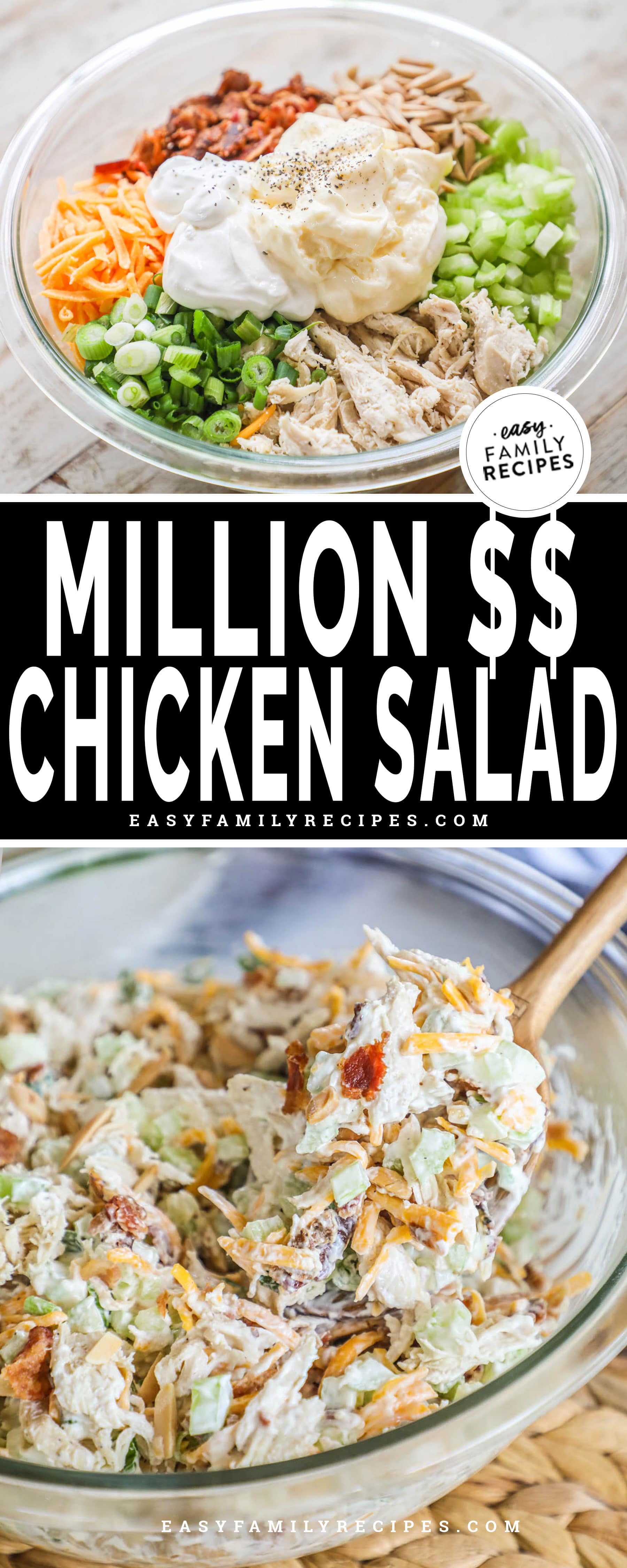 Photo collage with a bowl with all the chicken salad ingredients in it on the top and a close up of the mixed chicken salad being scooped out of a bowl.