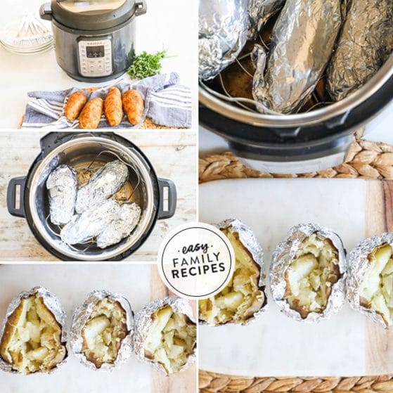 Steps to make baked potatoes step 1 wrap each in foil step 2 lay on a trivet in the instant pot step 3 unwrap potatoes step 4 top with everything you love!