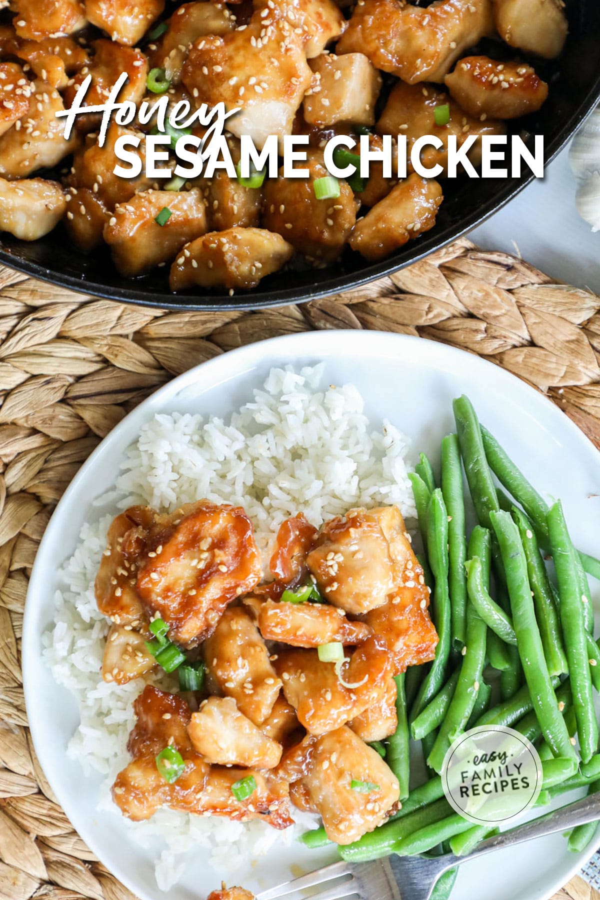 Sesame chicken with honey sauce served with green beans and rice