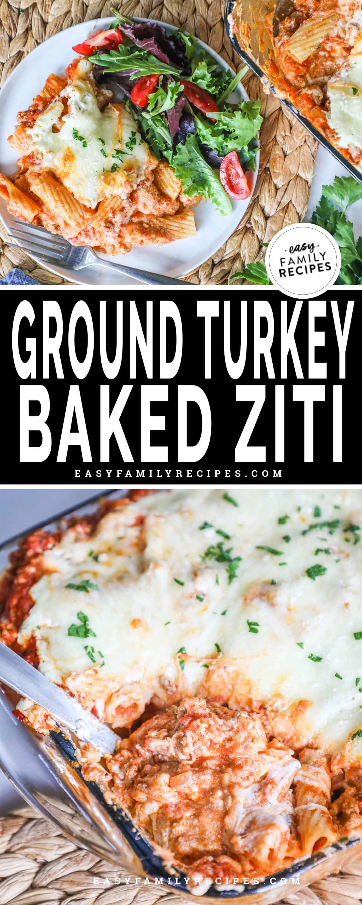 saucy and cheesy ground turkey baked ziti served with a green salad
