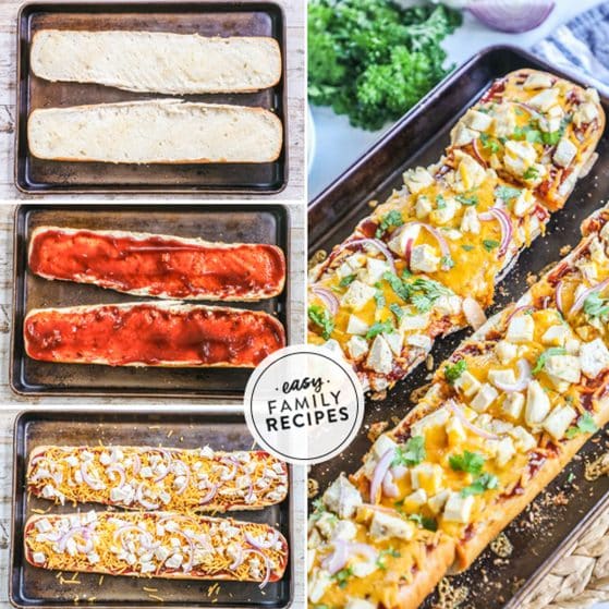 Step by step how to make french bread pizza step 1 toast bread step 2 add bbq sauce step 3 add other toppings step 4 bake.