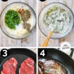 Steps to make garlic herb steak step 1 sear the steak step 2 make the garlic herb butter step 3 place butter on steak step 4 enjoy!