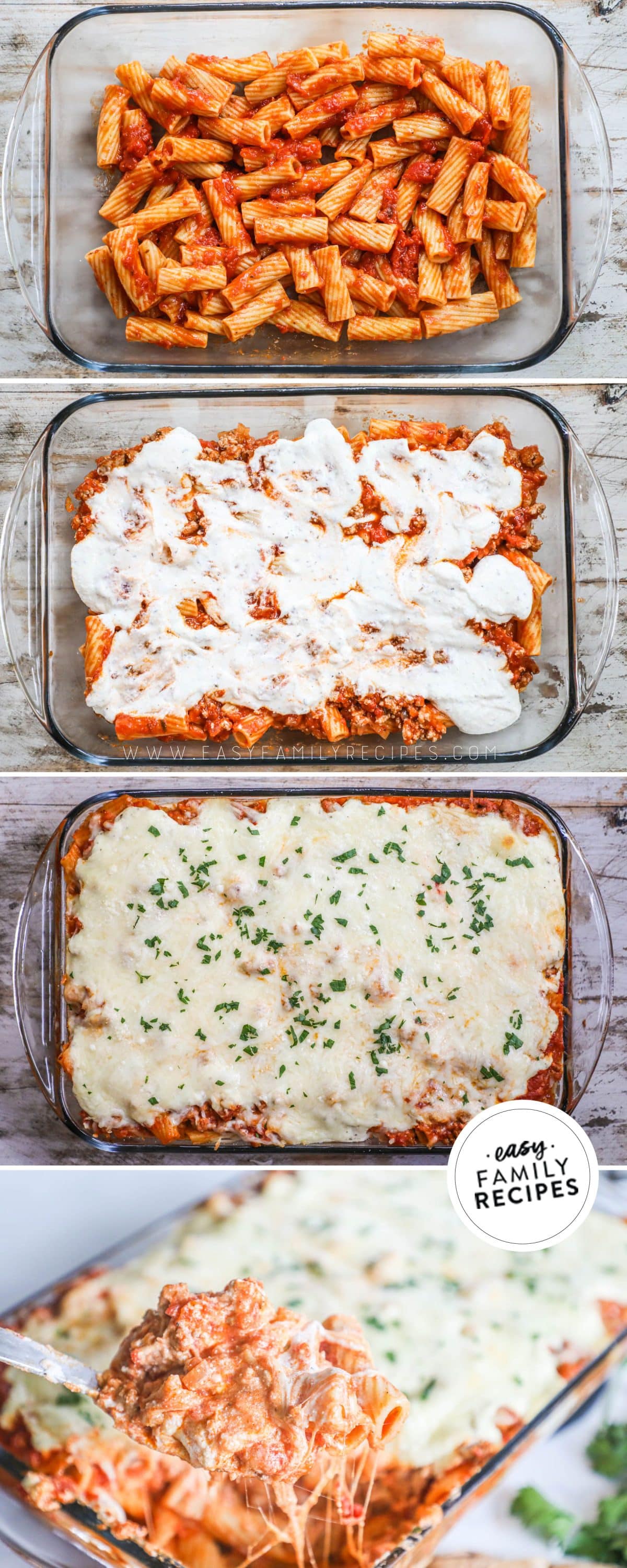 how to make ground turkey baked ziti 1)sauce and layer pasta in pan 2)top with cheese and meat 3)repeat layers 4)bake and serve