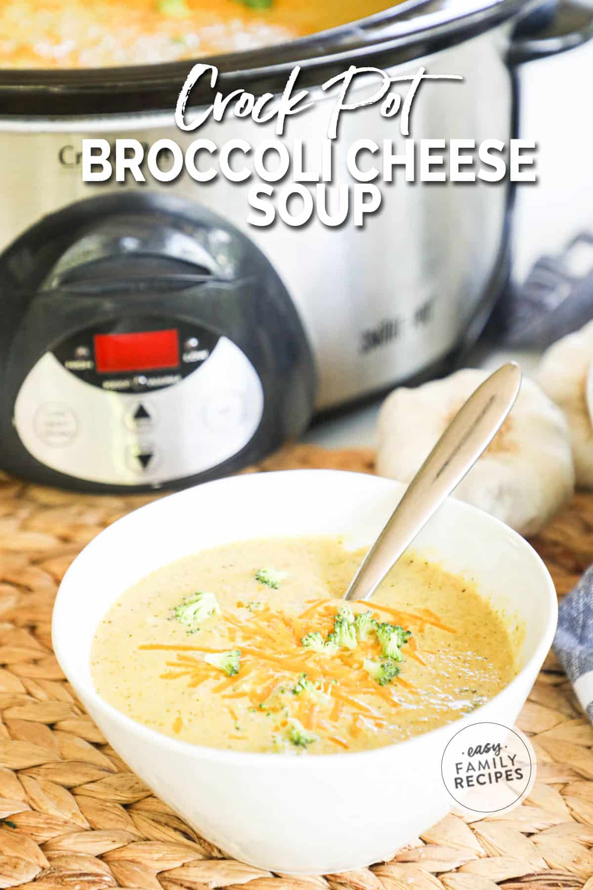 a bowl of smooth broccoli cheese soup cooked in a Crock Pot.