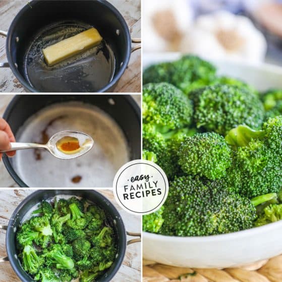 Steps to make recipe, 1 melt butter in a saucepan, 2 cook until brown, 3 toss in steamed broccoli, 4 add to serving bowl.