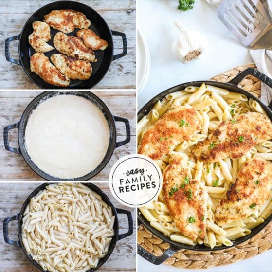 how to make chicken fritta with garlic cream sauce 1)crisp the chicken 2)cook the sauce 3)toss in pasta 4)top with chicken.