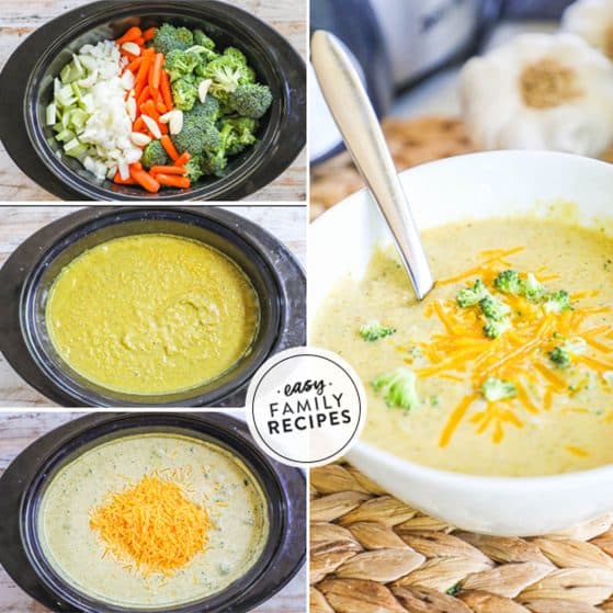 how to cook Crock Pot broccoli cheese soup 1)cook veggies with chicken stock 2)puree until smooth 3)stir in cream and cheese 4)serve.