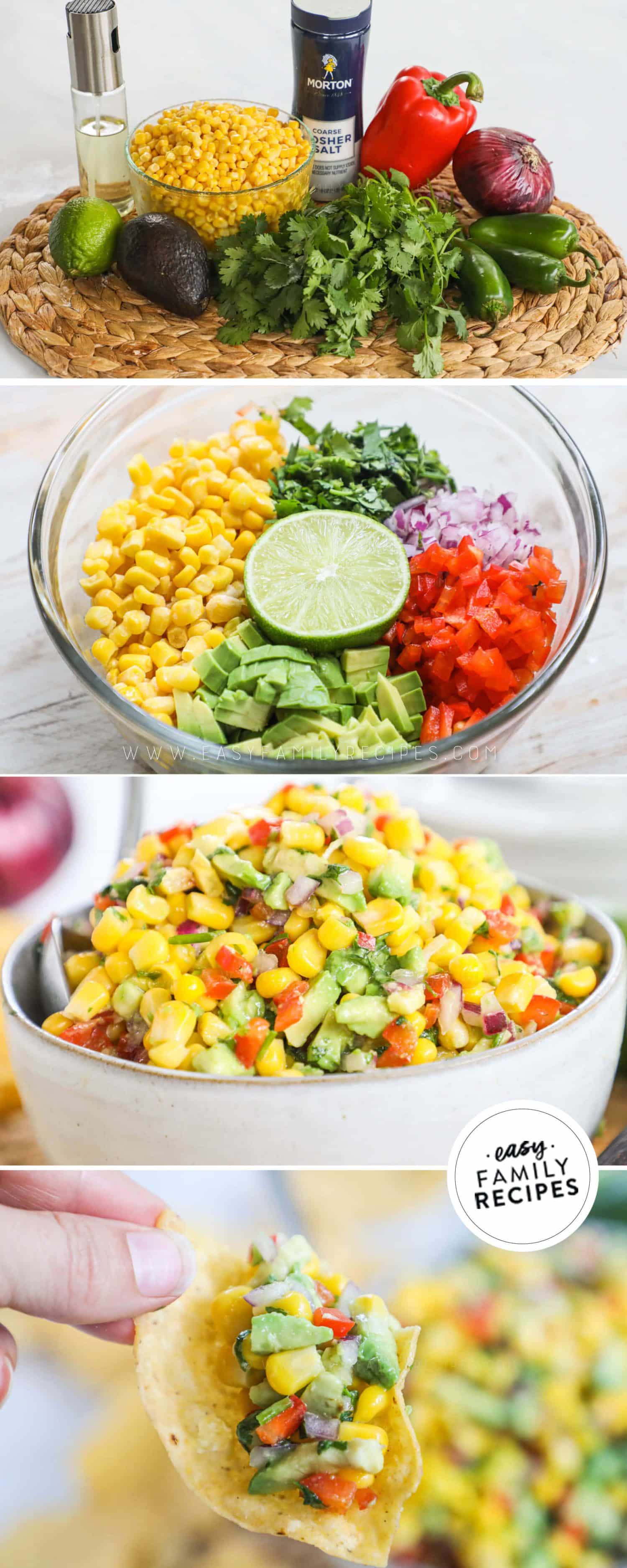 4 image collage showing the ingredients before being prepped, prepped in a bowl before being mixed, in a serving bowl, and with a tortilla chip loaded with some on it.
