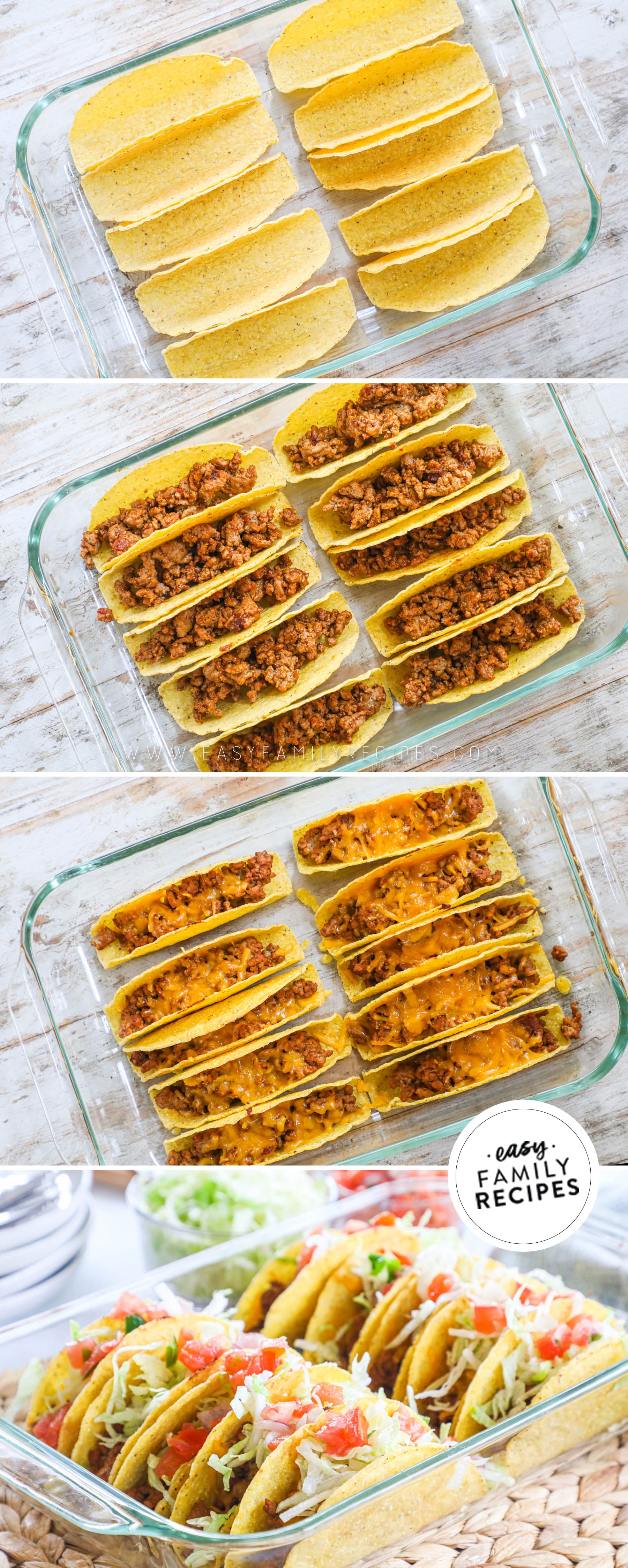 Steps to make ground turkey baked tacos step 1 make the filling step 2 fill the tacos with ground turkey step 3 top with cheese and bake step 4 enjoy with all any toppings you love like tomatoes and lettuce.