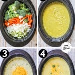 Collage photo showing how to make make broccoli cheese soup in a slow cooker