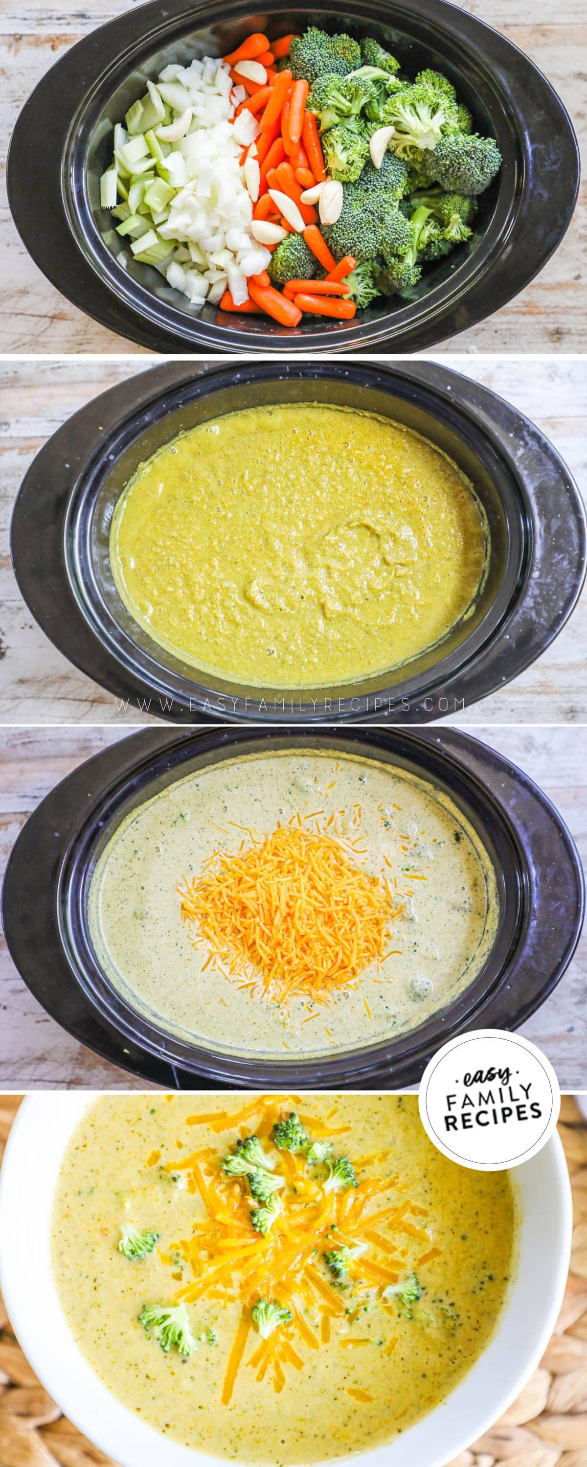 how to make slow cooker broccoli cheese soup 1)add veggies to the crock pot 2)puree when tender 3)add cream and cheese 4)serve with more cheese