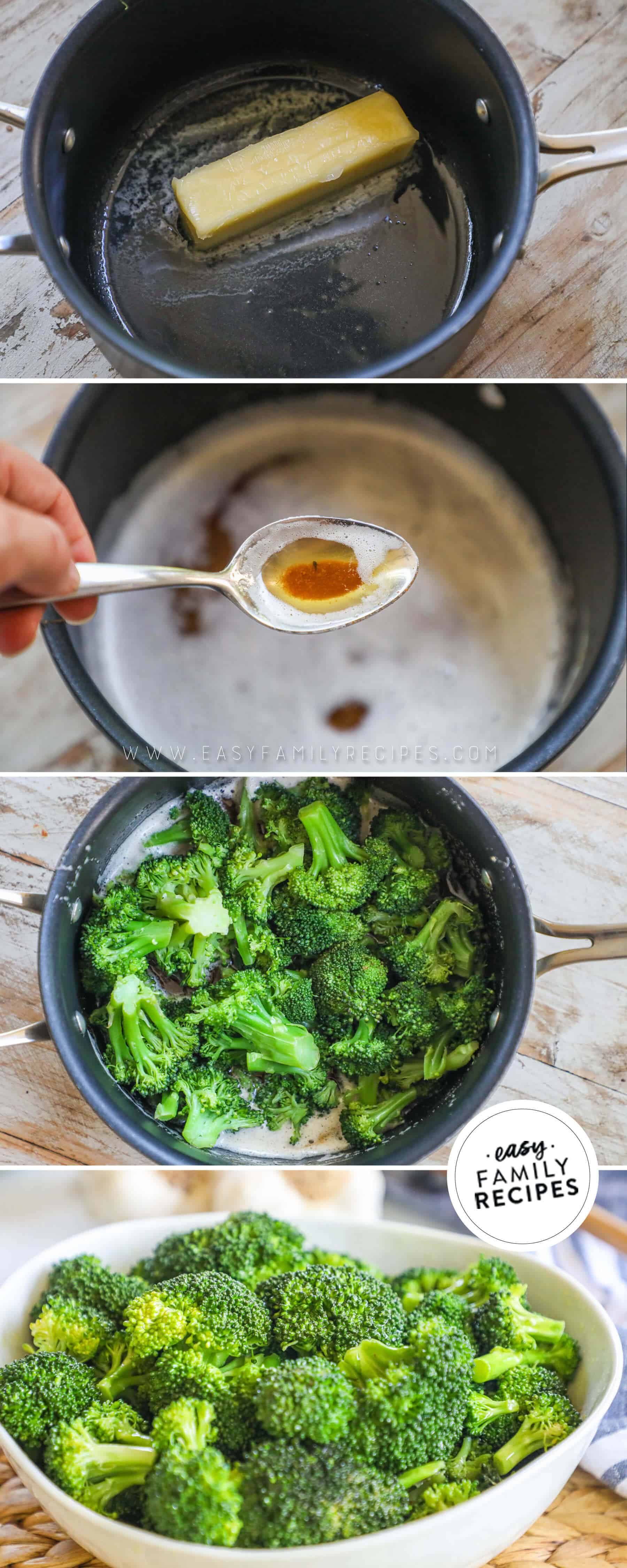 Steps to make recipe, 1 melt butter in a saucepan, 2 cook until brown, 3 toss in steamed broccoli, 4 add to serving bowl.