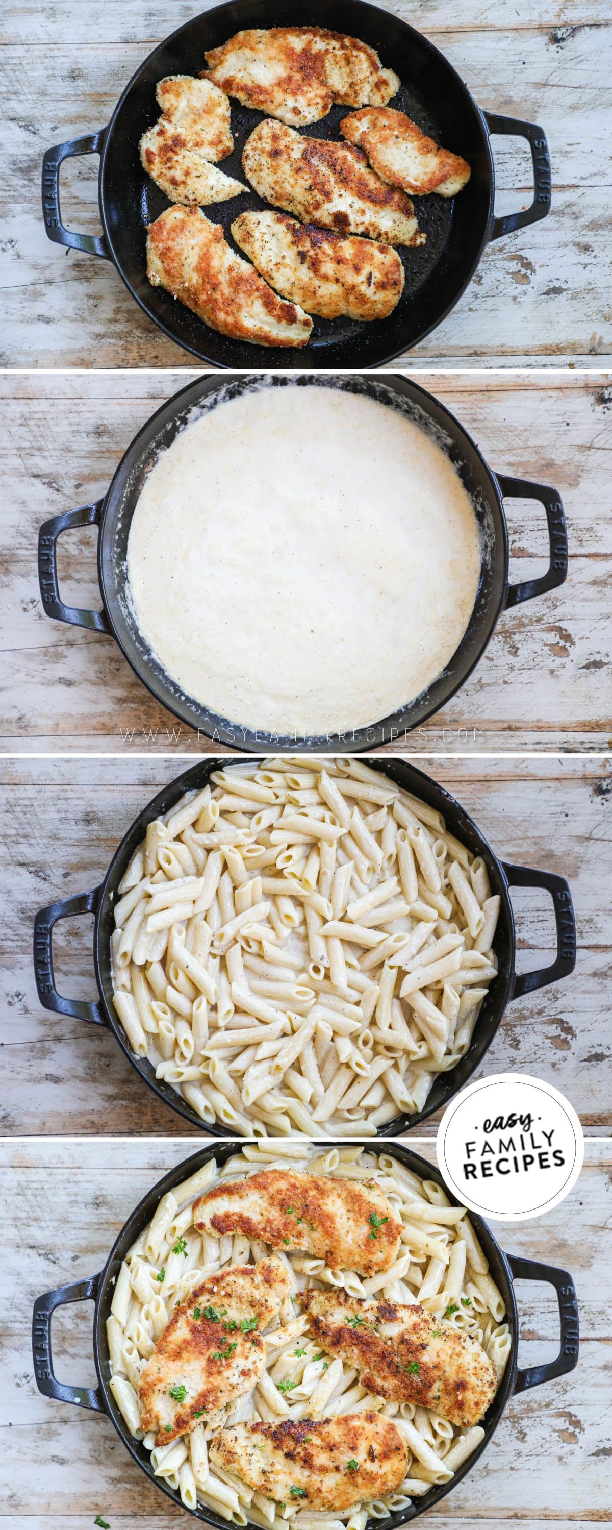 how to cook chicken fritta with creamy pasta 1)cook chicken until crisp 2)build a creamy garlic sauce 3)toss in pasta 4)serve together.