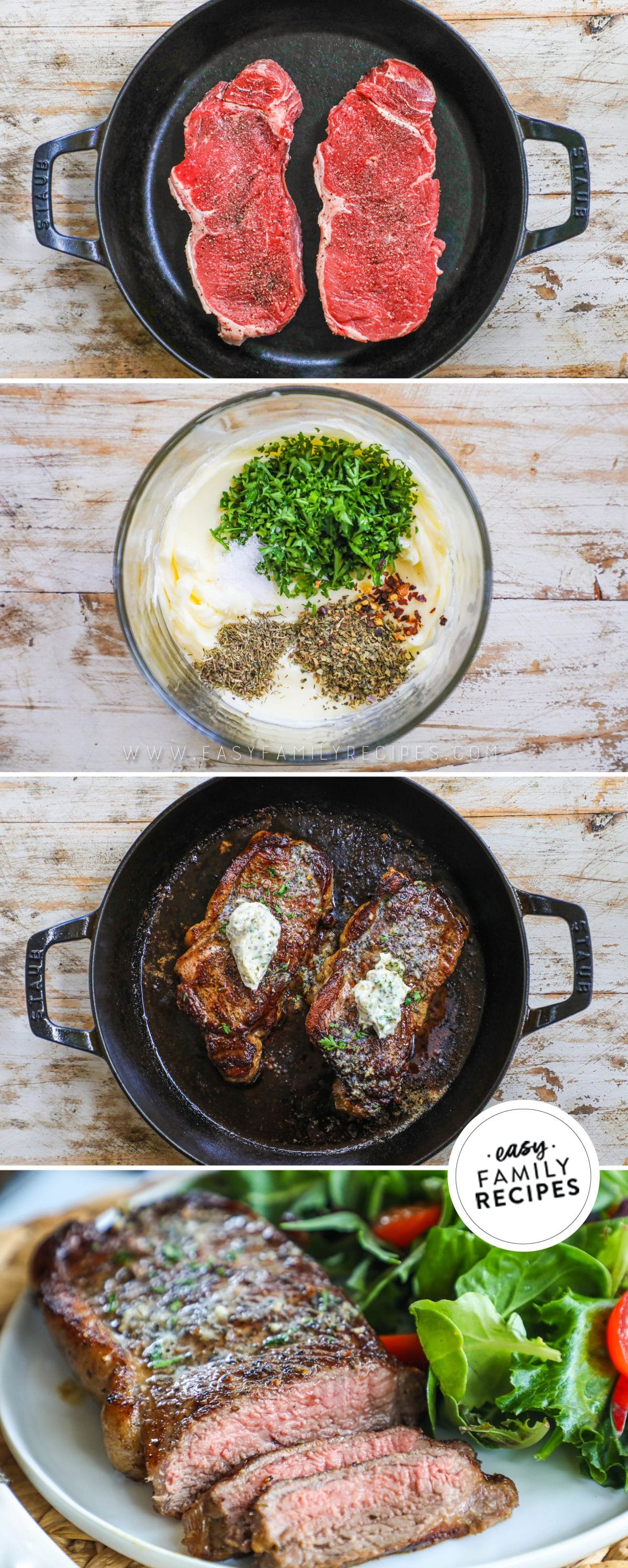 Steps to make garlic herb steak step 1 sear the steak step 2 make the garlic herb butter step 3 place butter on steak step 4 enjoy!