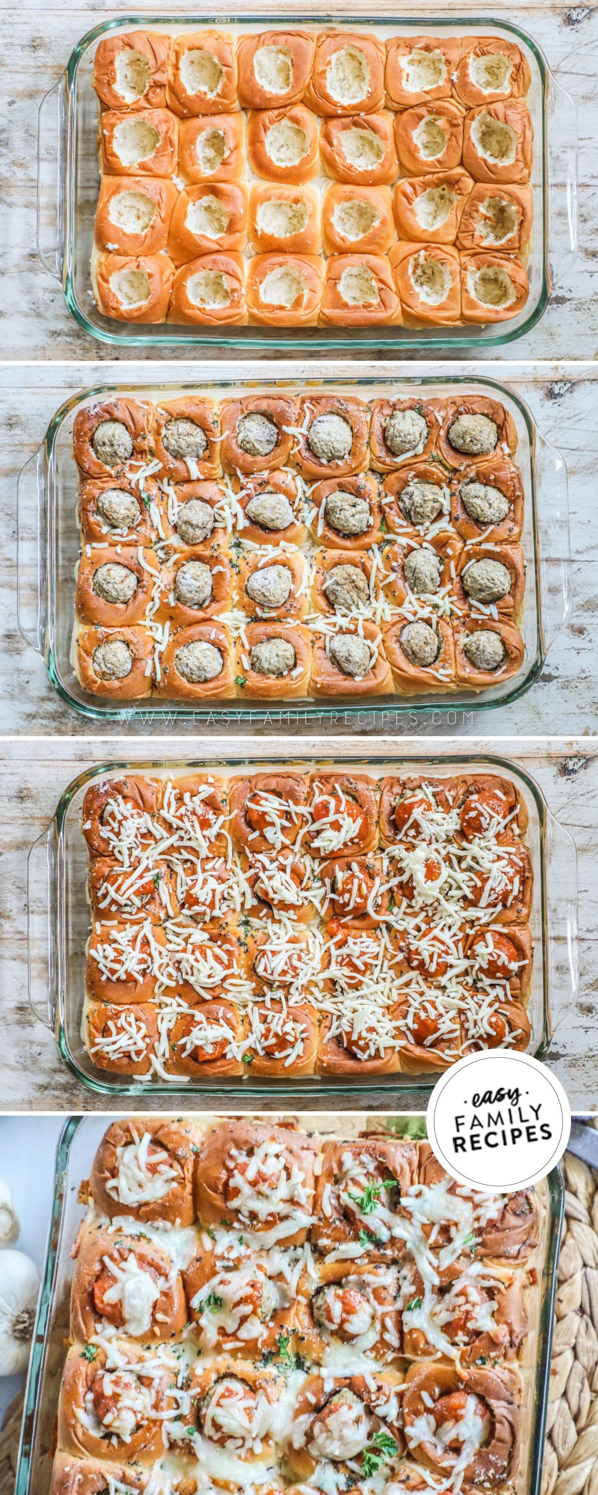 Steps to make meatball sliders step 1 cut holes in the rolls and brush and bake with garlic butter step 2 fill the holes with meatballs, marinara, and cheese step 3 bake step 4 enjoy!