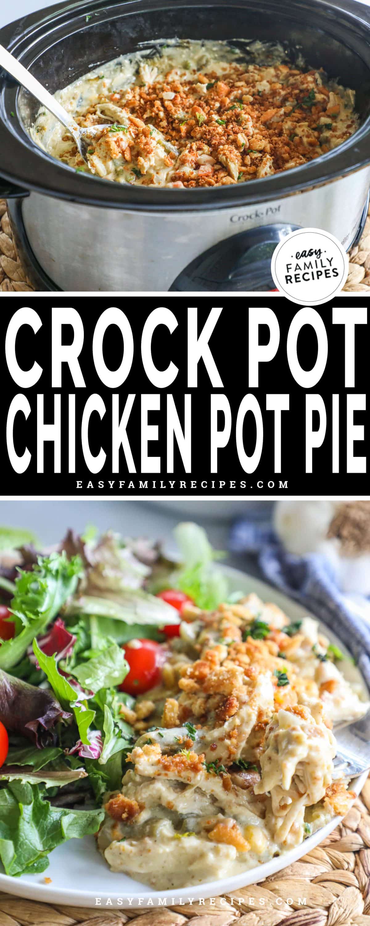 Chicken pot pie cooked in a crock pot then served with a green salad.