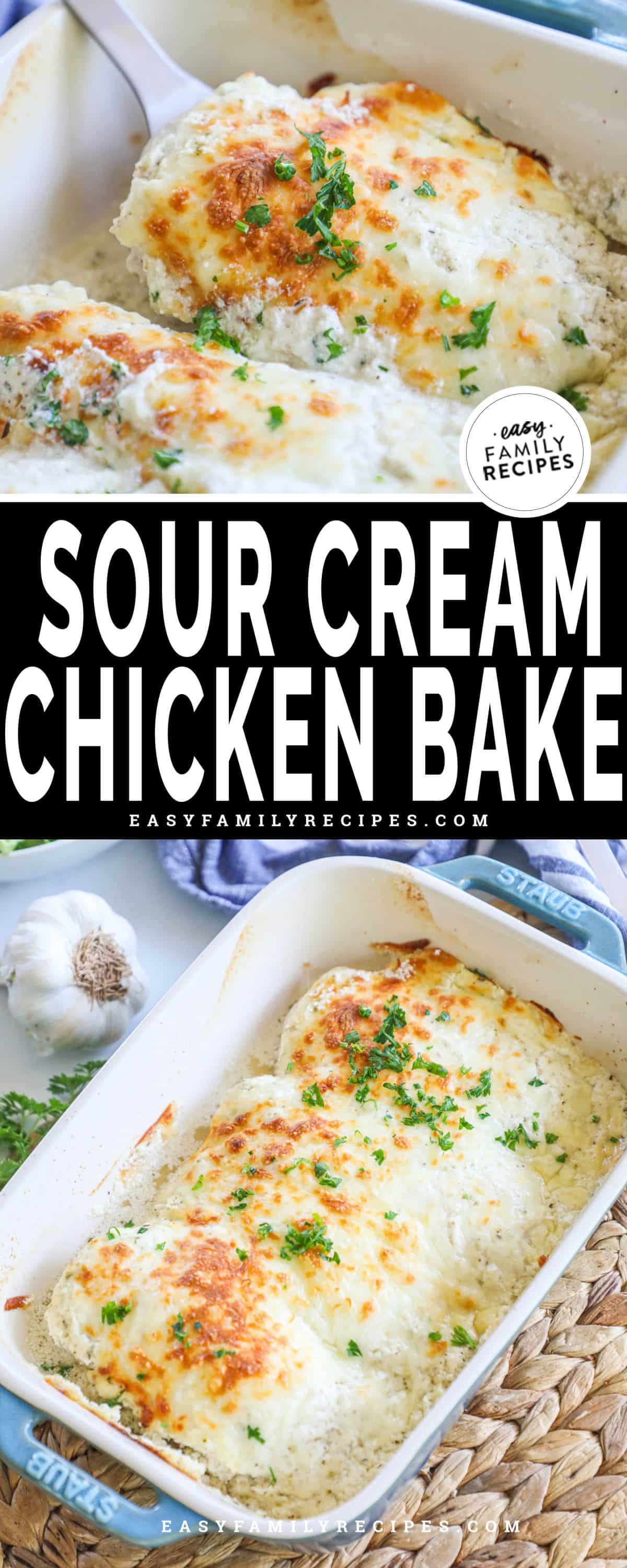Sour cream chicken in a casserole with a golden brown top and spatula taking a piece out of the casserole.