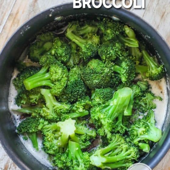Tender crisp broccoli in a pot tossed in brown butter.