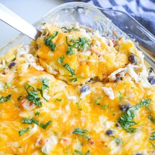 Close up of the chicken burrito casserole being scooped out of a tray.