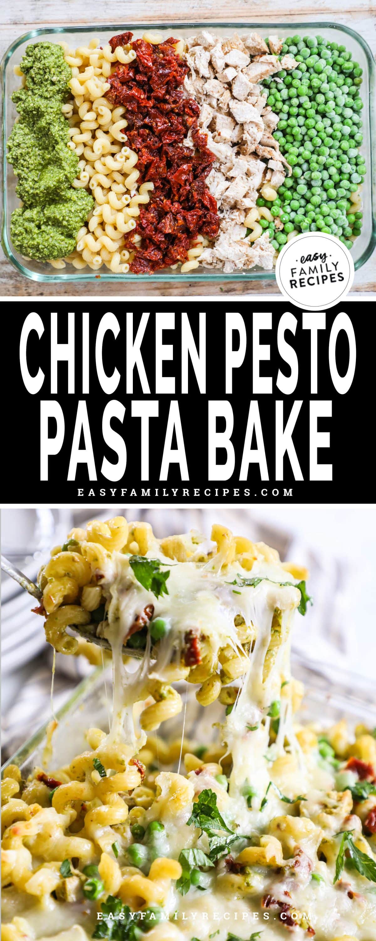 pasta, peas, chicken, tomatoes, and basil pesto in a pan, then baked and scooped out.