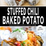 Two images of chili stuffed baked potato with sour cream, cheese, and green onions and the ingredients to make stuffed baked potatoes.