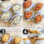 4 step by step images of chili stuffed baked potatoes. 1 - potatoes split in half and fluffed 2. chili and bacon are added to the top 3. cheese is added 4. final image is of a baked potato and all the toppings - chili, bacon, cheese, sour cream and onions