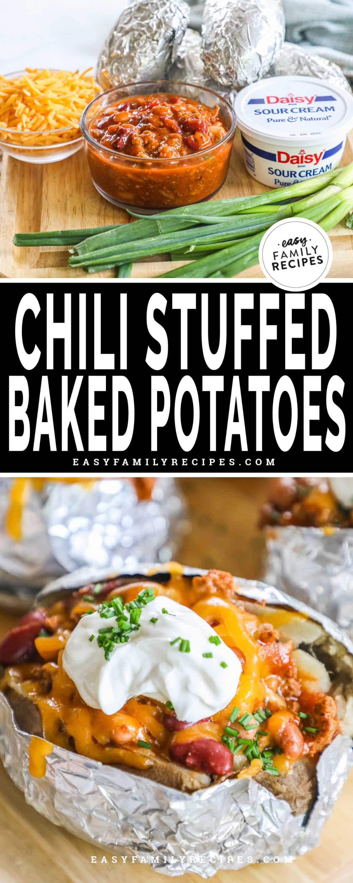 Chili stuffed baked potato with sour cream, cheese, and green onions and the ingredients to make stuffed baked potatoes.