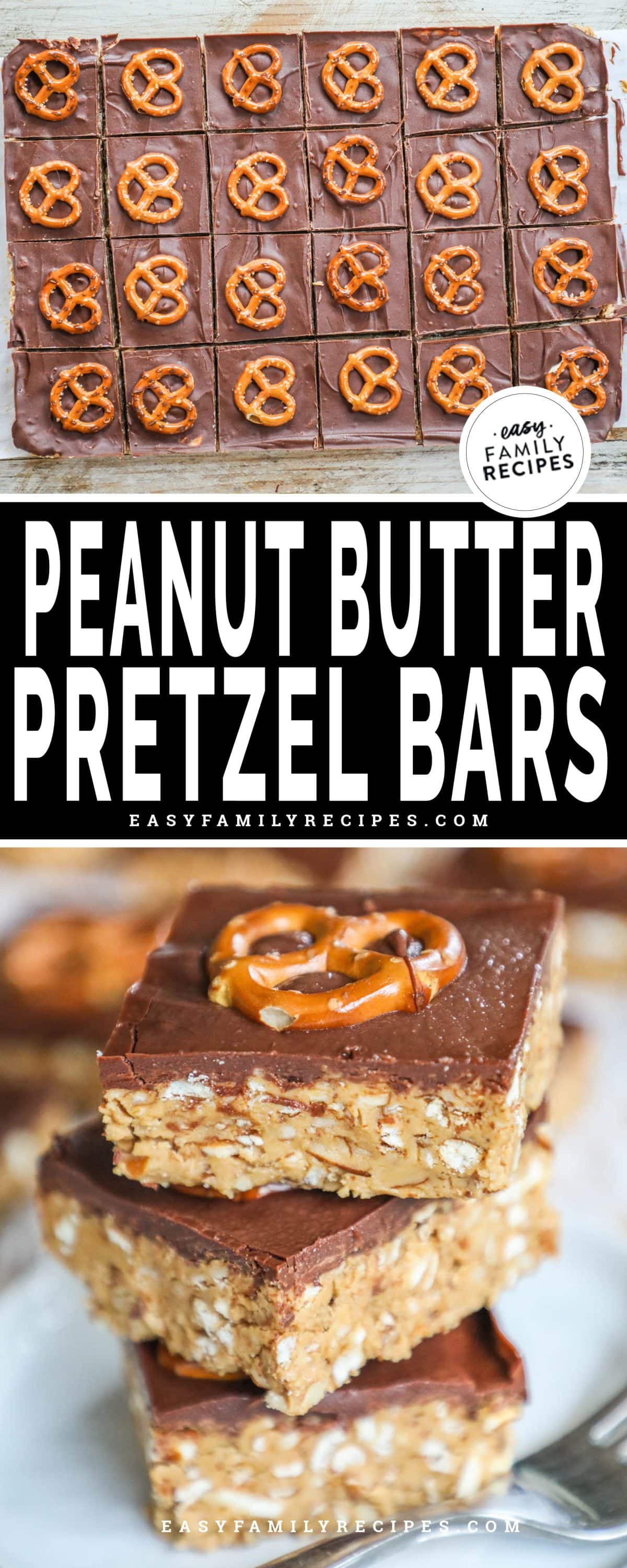 Peanut butter bars cut into squares in a pan and stacked on top of each other.