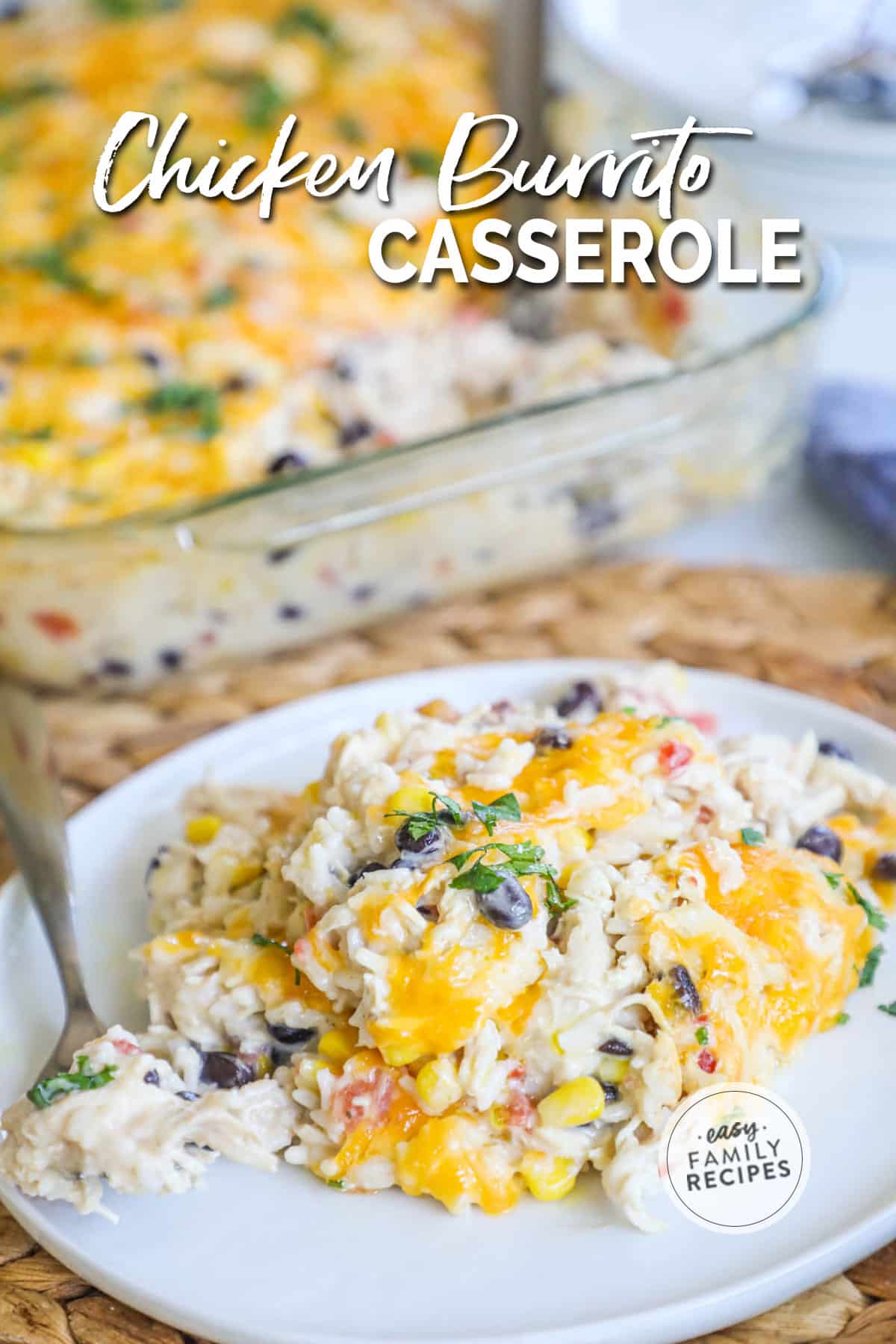 Chicken burrito casserole on a plate served next to the whole casserole dish.