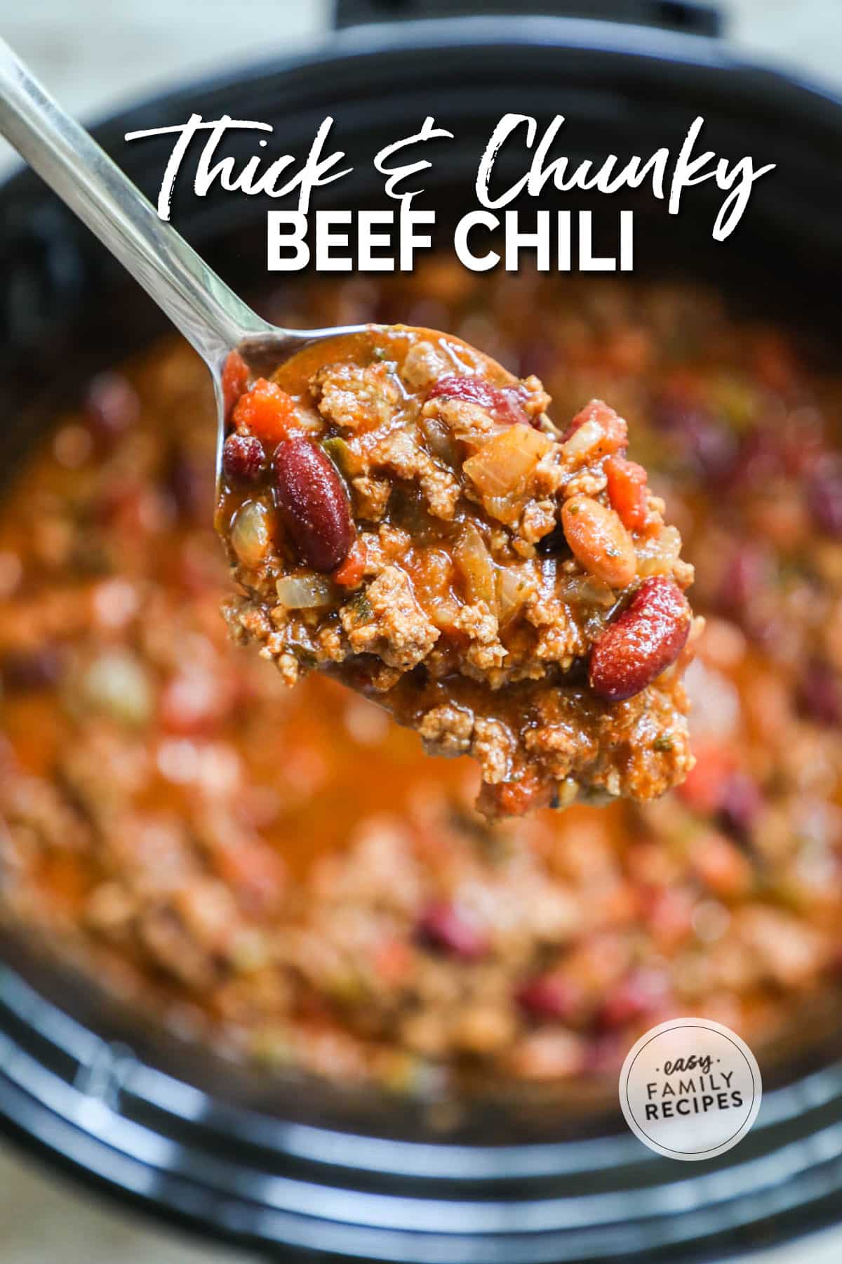 A spoonful of Crock Pot beef chili with beans.