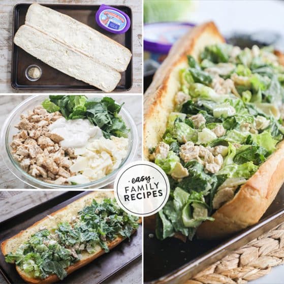 Step by step for making Chicken Caesar Sandwiches 1. Butter bread and add spices and toast. 2. Make chicken caesar salad. 3. Pile chicken caesar salad on garlic toast bread. 4. Slice into sandwiches.