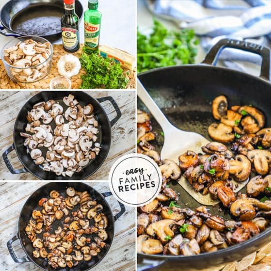4 image square collage of making recipe in a large skillet and garnishing with fresh parsley.